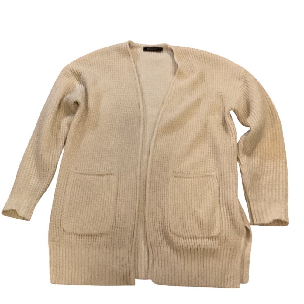 Merokeety Cream Waffle Knit Open Front Cardigan XL Long Sleeve Pockets Slit Hem